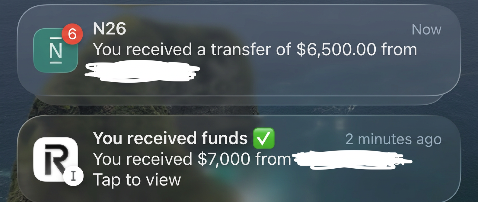 Incoming transfer notifications for thousands of dollars